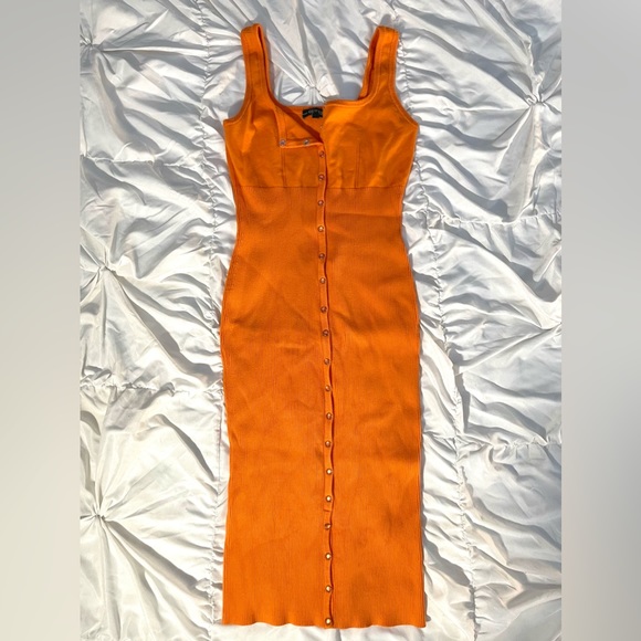 Guess Women’s Lana Tank Dress, Mid-Length Snap Front Sunset Orange Body-con - Picture 3 of 11
